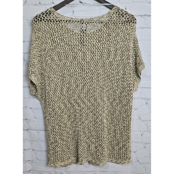 Travelers By Chico's Sz 2 Crocheted Open Knit Gold Metallic Sweater Short Sleeve - Picture 4 of 4